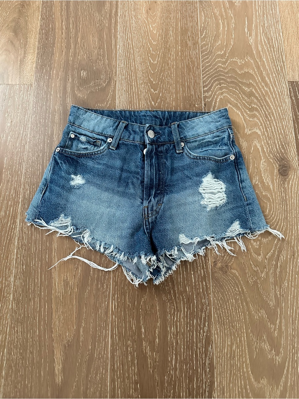 Distressed High-Waist Denim Shorts in Blue